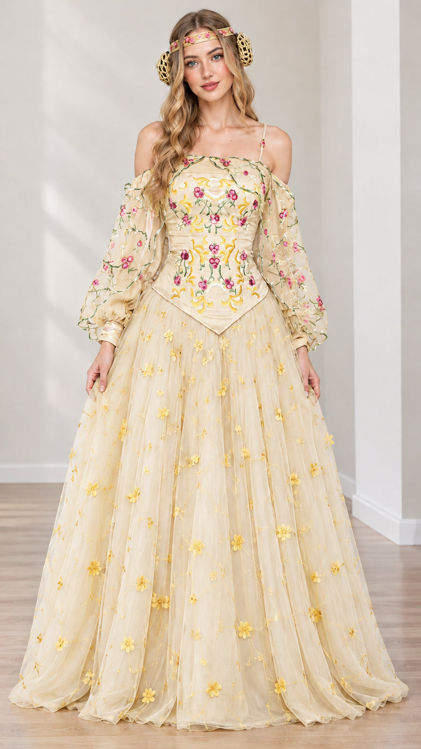 Full-length champagne cream fairy ballgown with embroidered bodice and tulle skirt