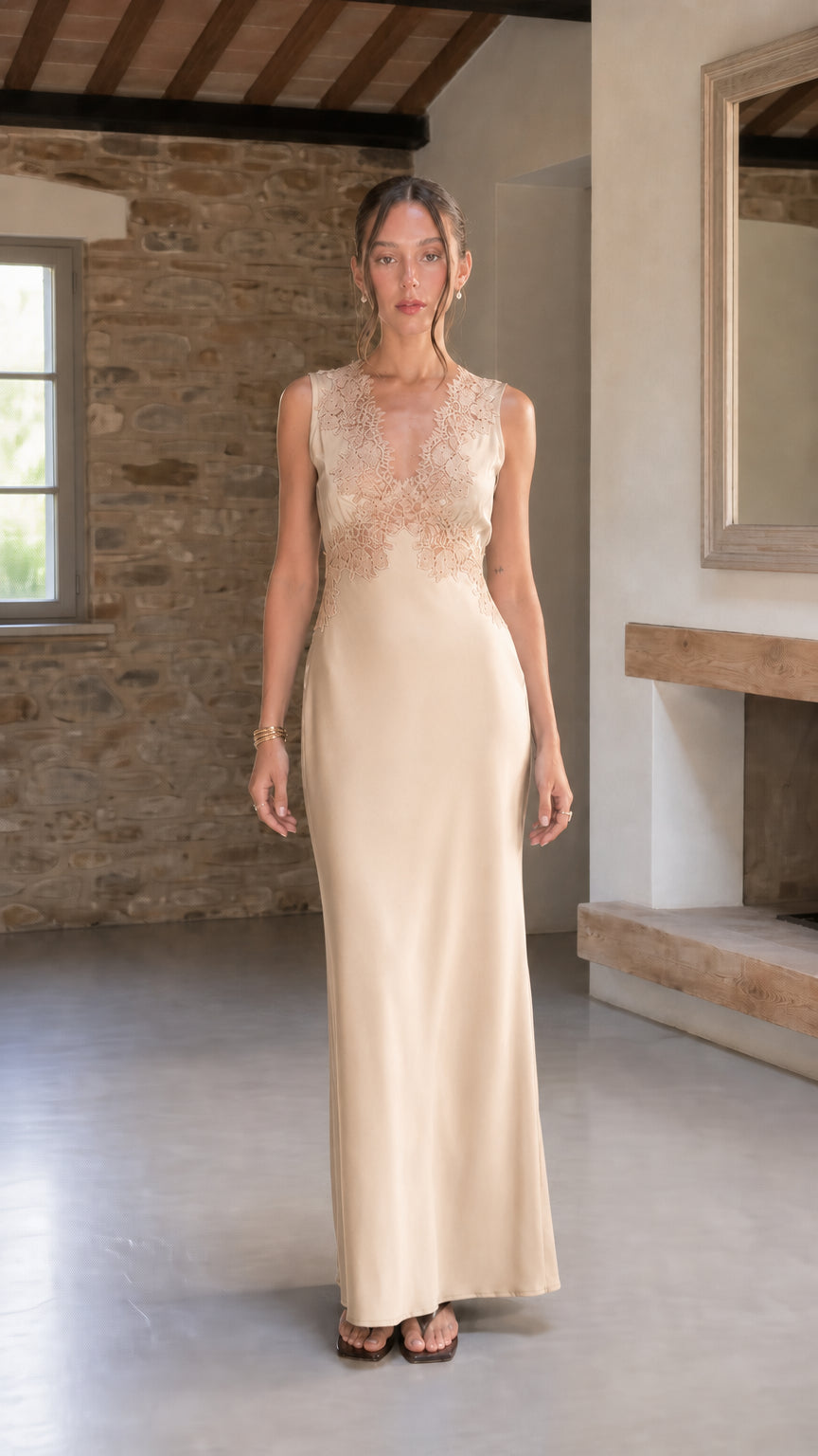 Full-length front view of champagne beige satin maxi dress with delicate lace applique