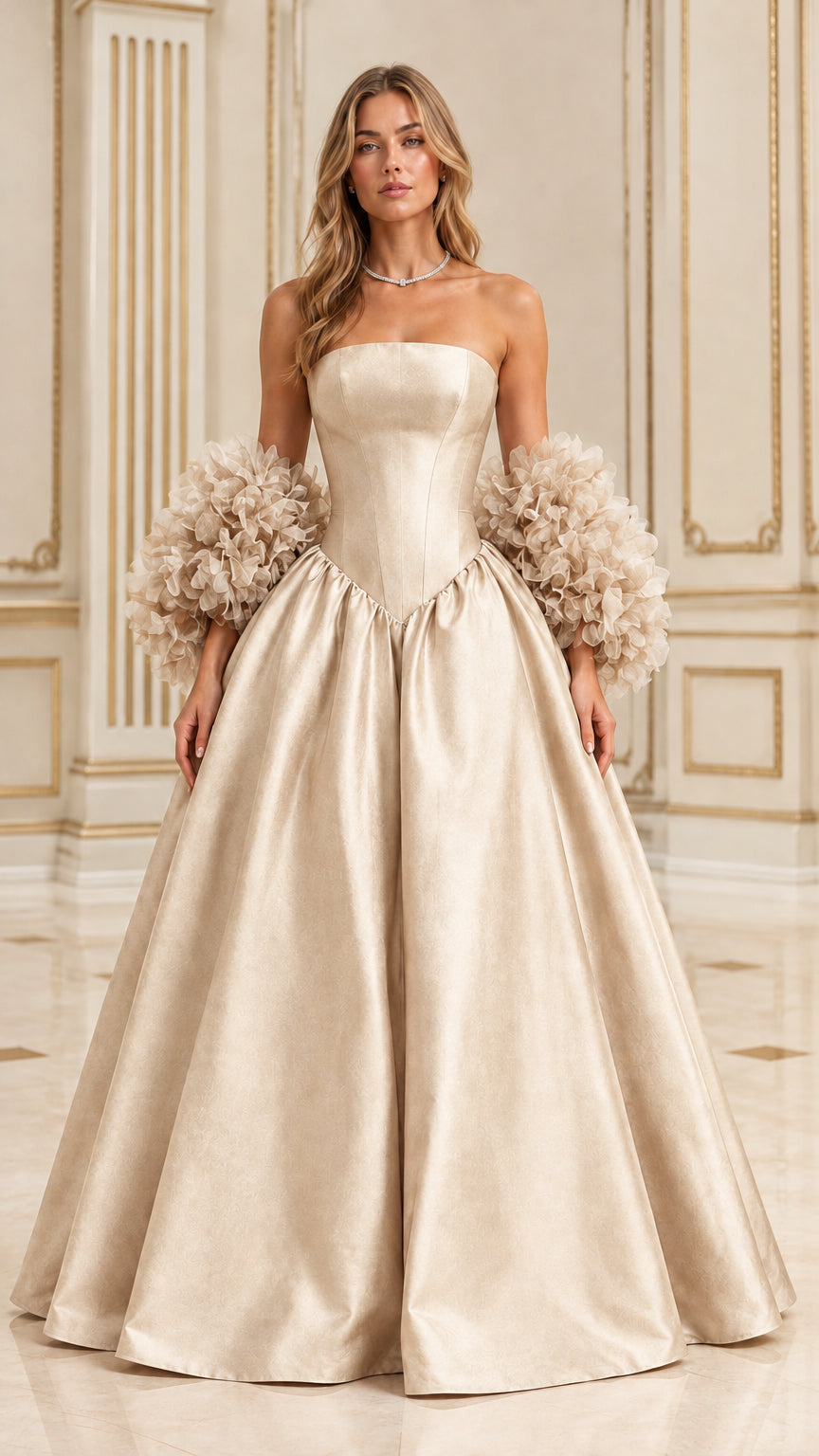 Front view of champagne strapless formal ball gown with gathered basque waistline