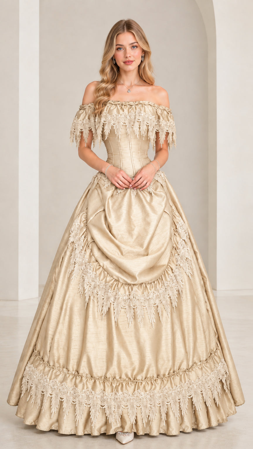 Champagne gold off-shoulder corset ball gown with floral lace trim