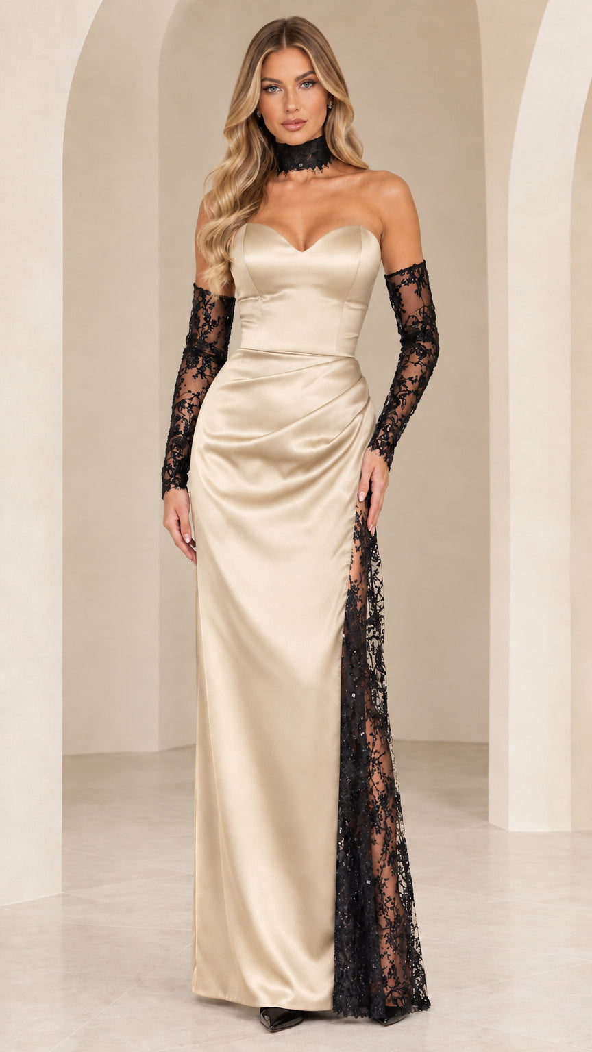 Champagne gold strapless satin evening gown with black lace slit and matching gloves