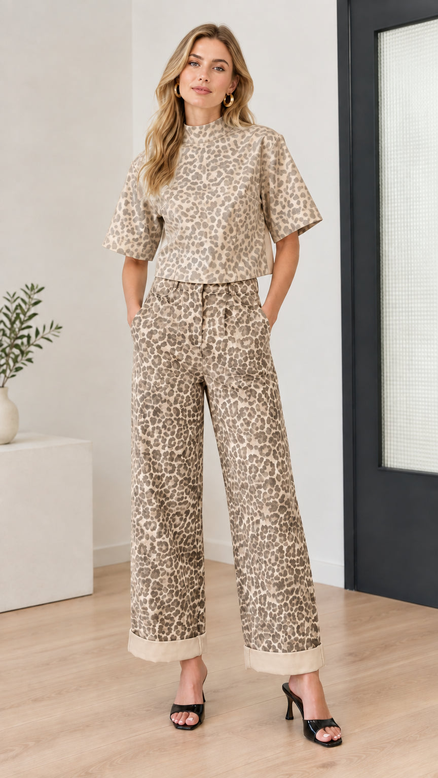 Model wearing beige all-over printed mock-neck top and matching beige printed wide-leg pants
