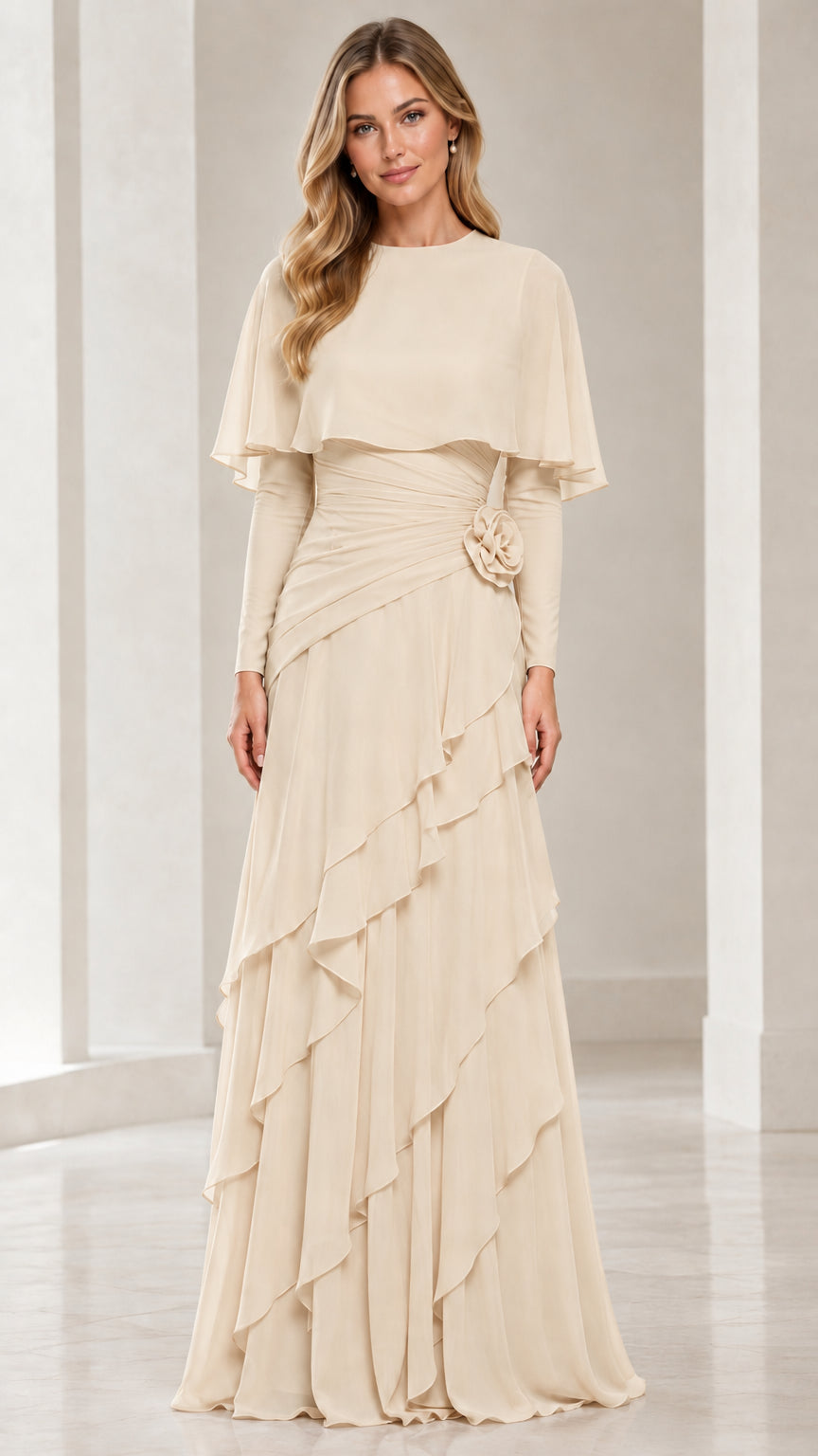 Champagne beige long-sleeve capelet tiered ruffle formal gown