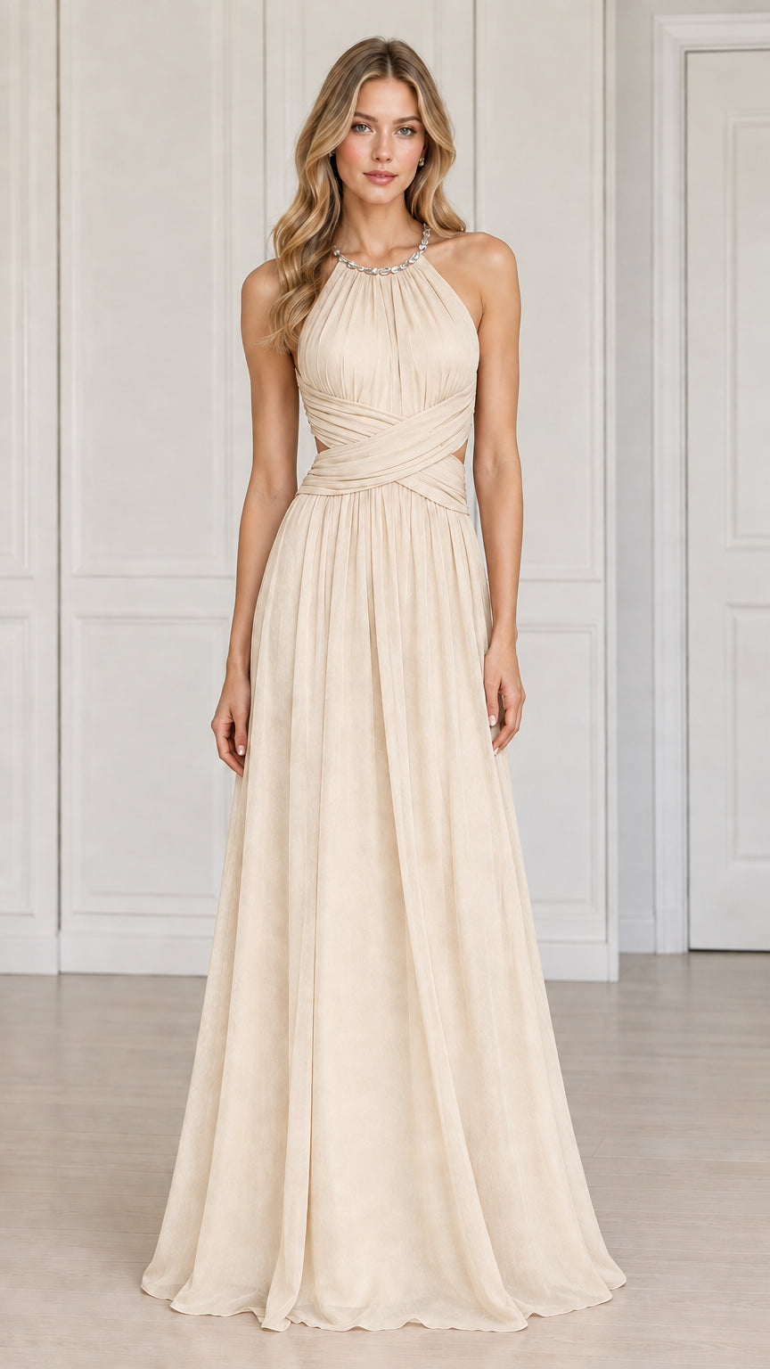 Front view of the embellished halter cutout maxi evening dress in champagne cream