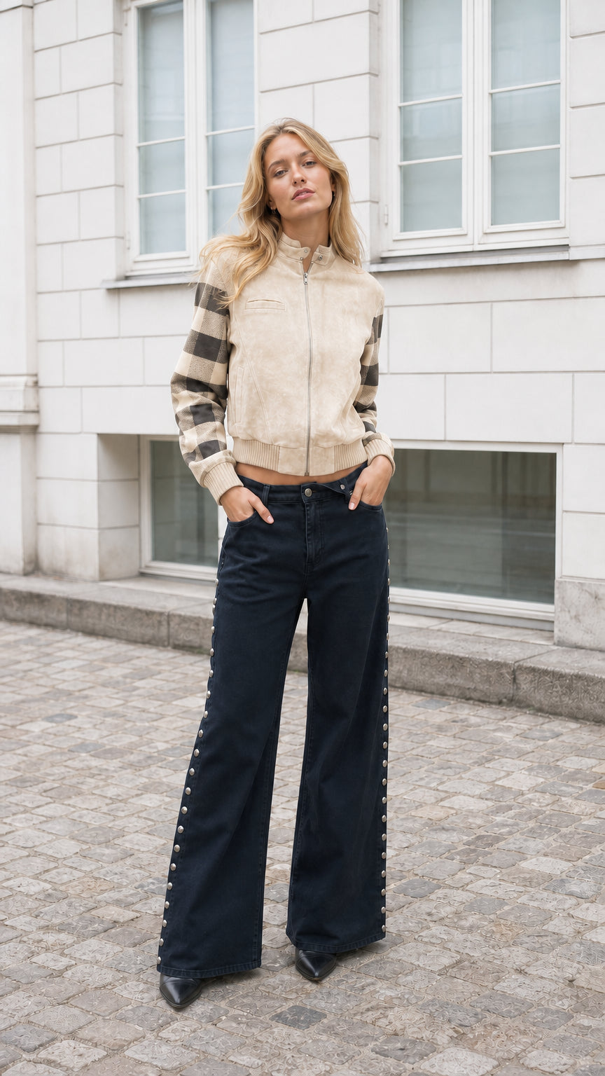 Model wearing Beige cream faux suede cropped zip-up jacket