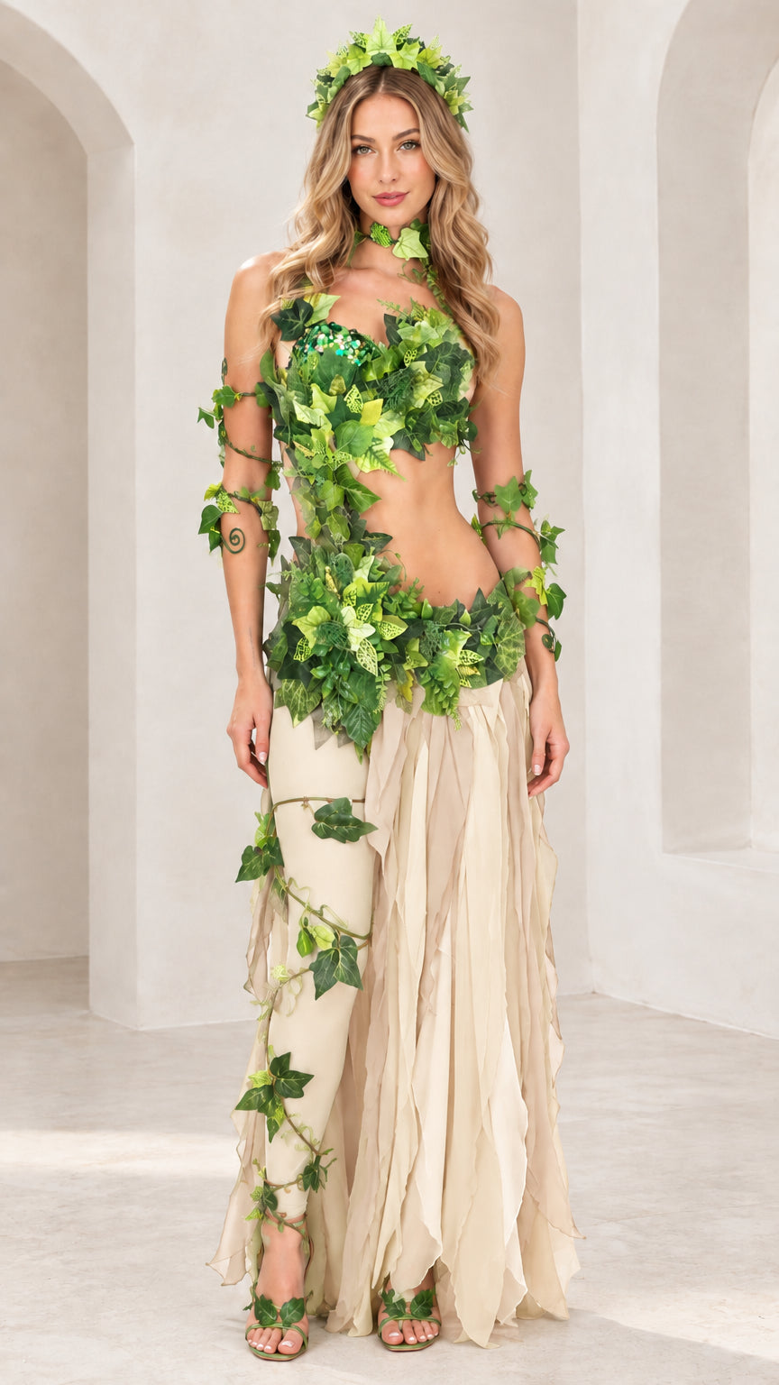 Full-length front view of the ivy leaf costume set in beige