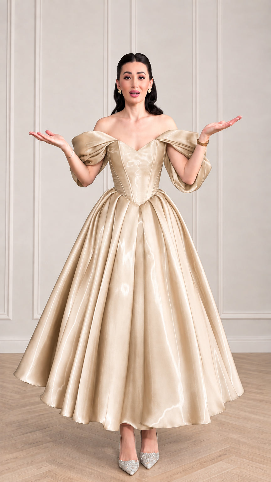 Woman wearing champagne gold off-the-shoulder satin corset formal gown