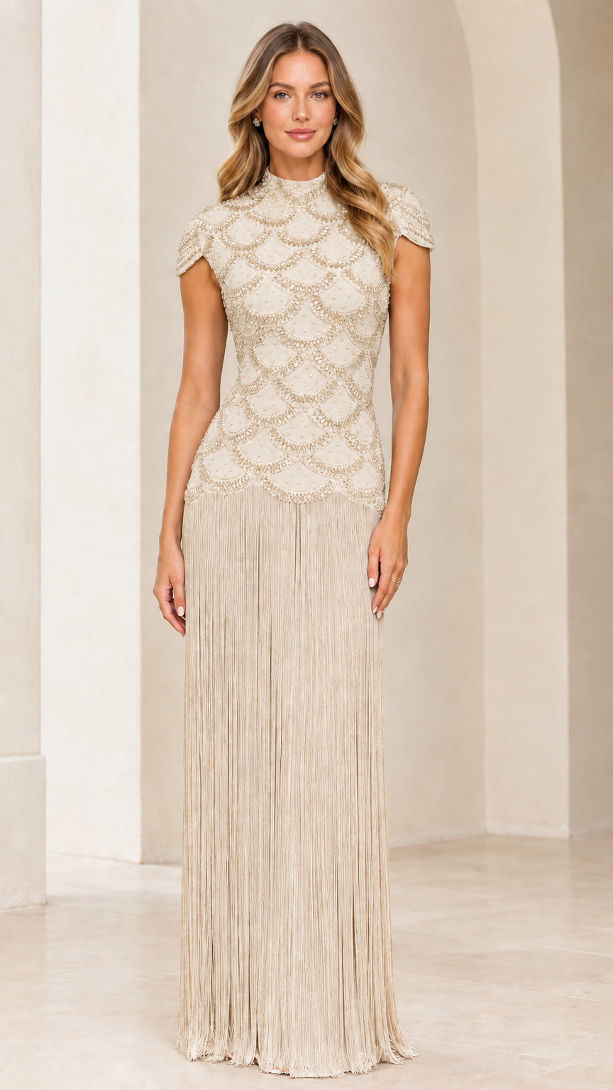 Full front view of champagne beige beaded cap sleeve fringe evening gown