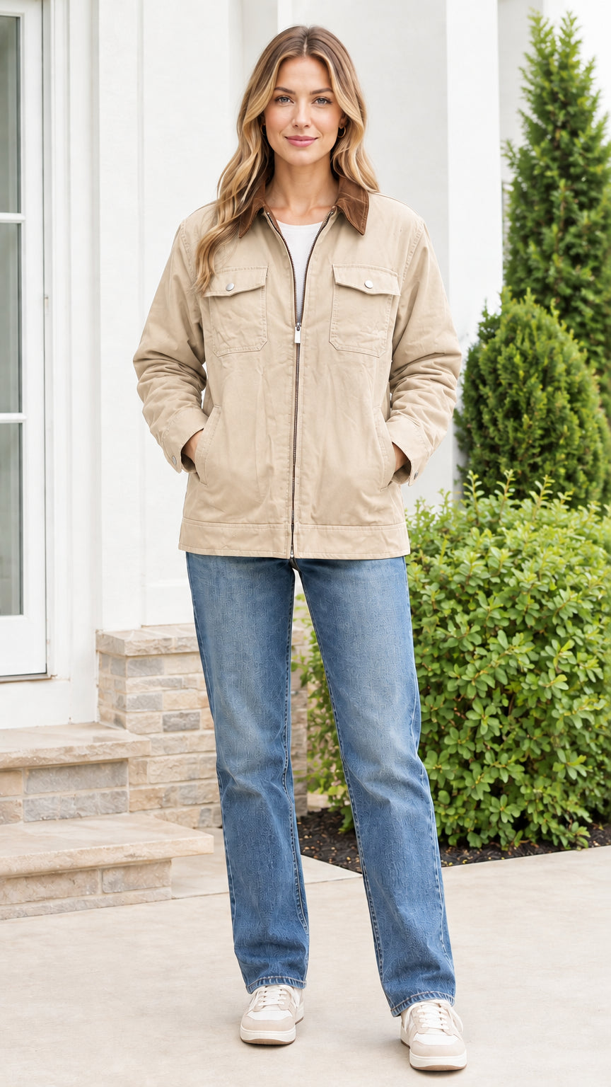 Front view of model wearing the beige canvas utility jacket with brown corduroy collar