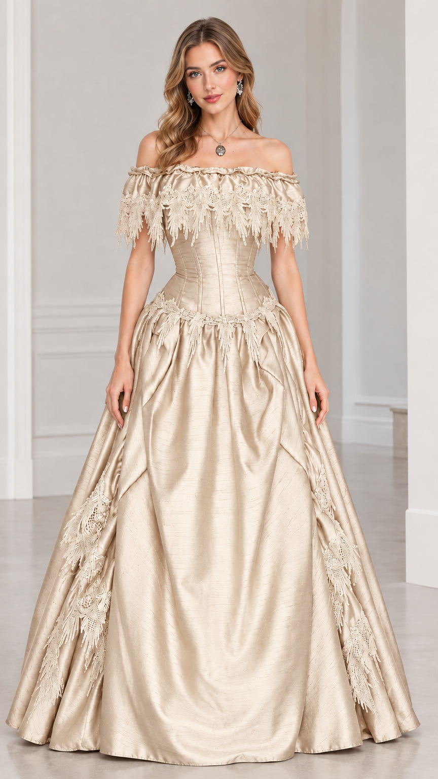 Front view of woman wearing champagne gold off-shoulder corset ball gown