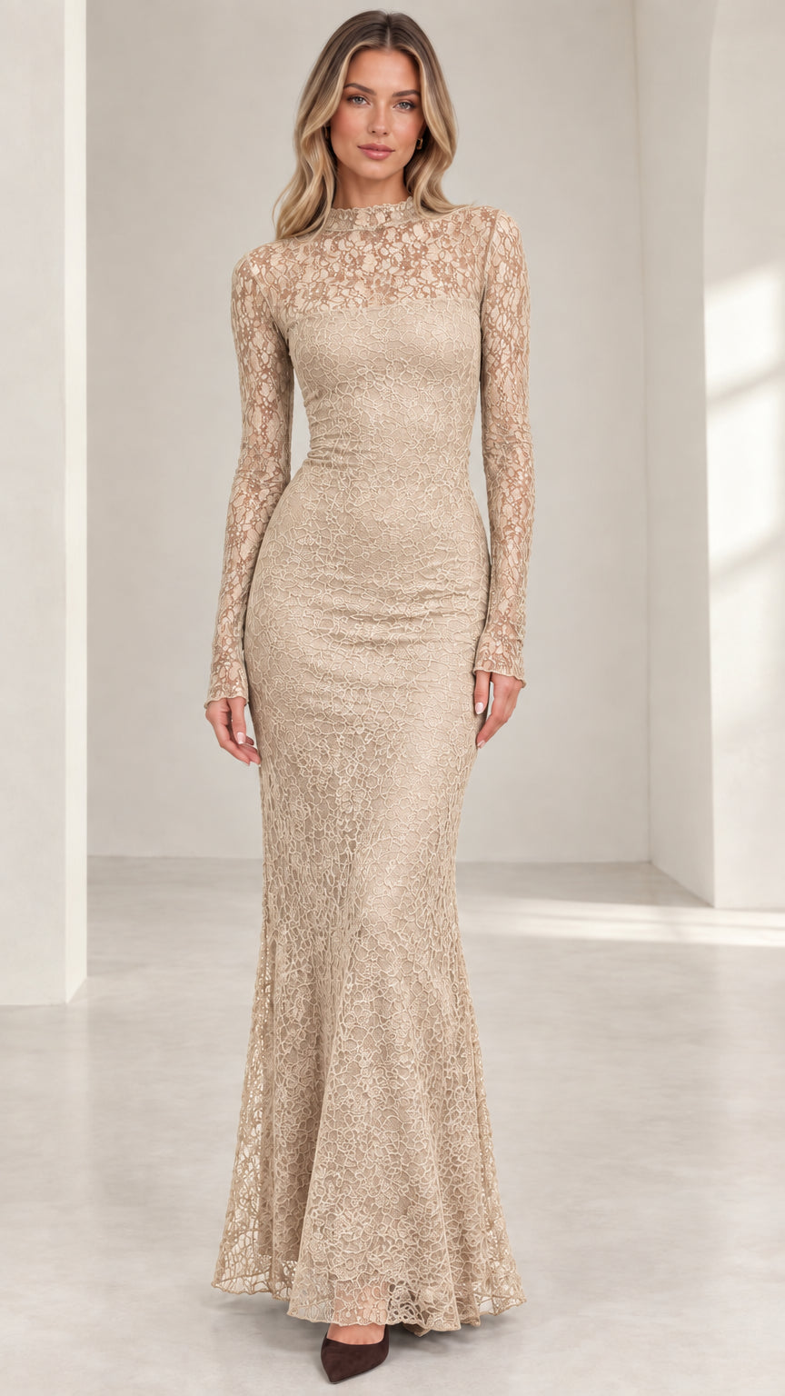 Front view of woman wearing champagne beige high neck long sleeve lace evening gown