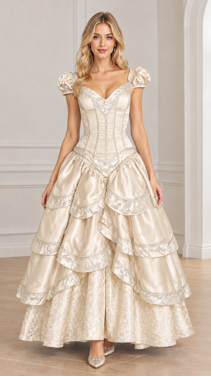Model wearing champagne ivory Victorian corset ball gown with tiered skirt