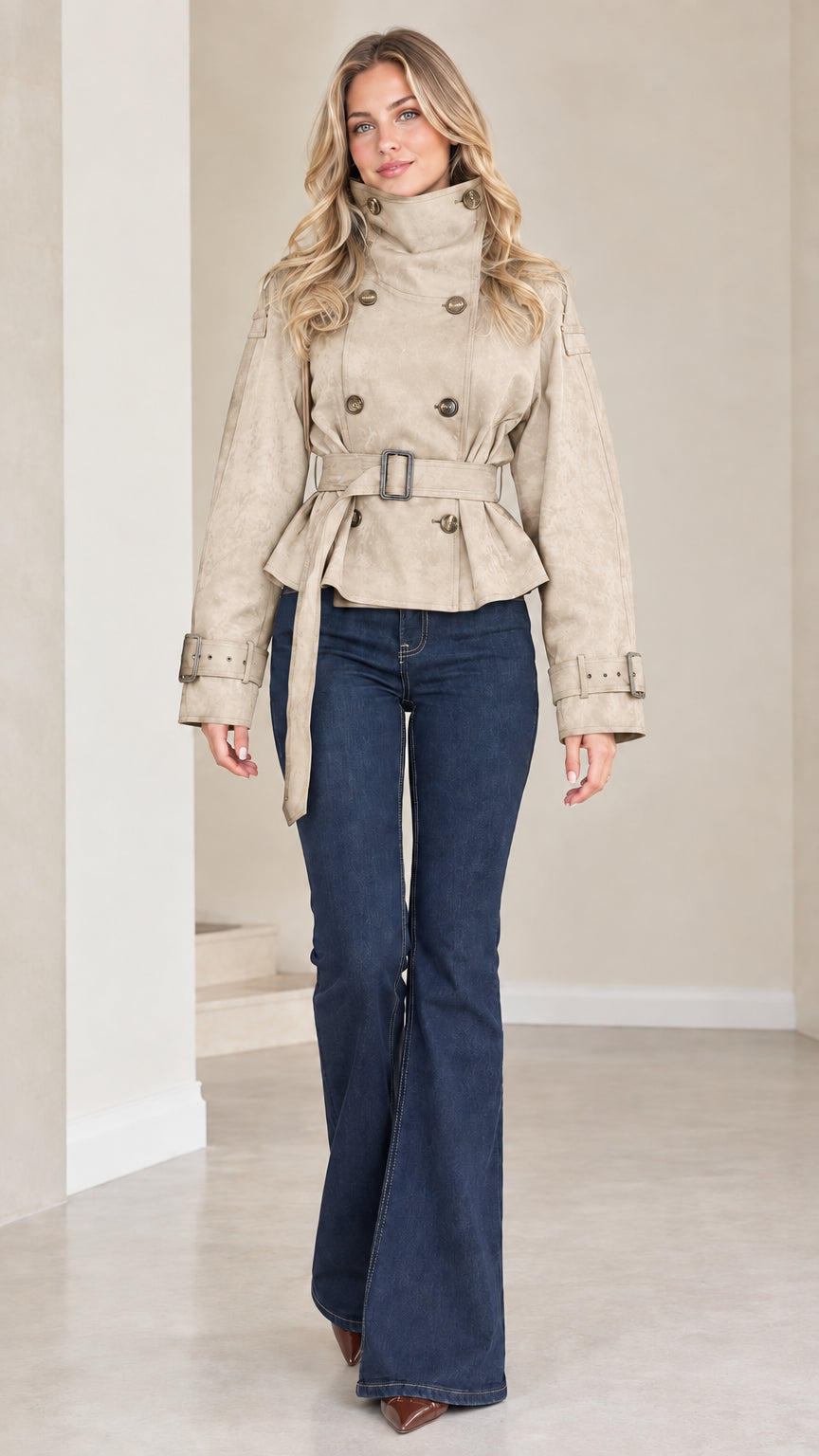 Front view of model wearing beige khaki high neck belted cropped trench jacket