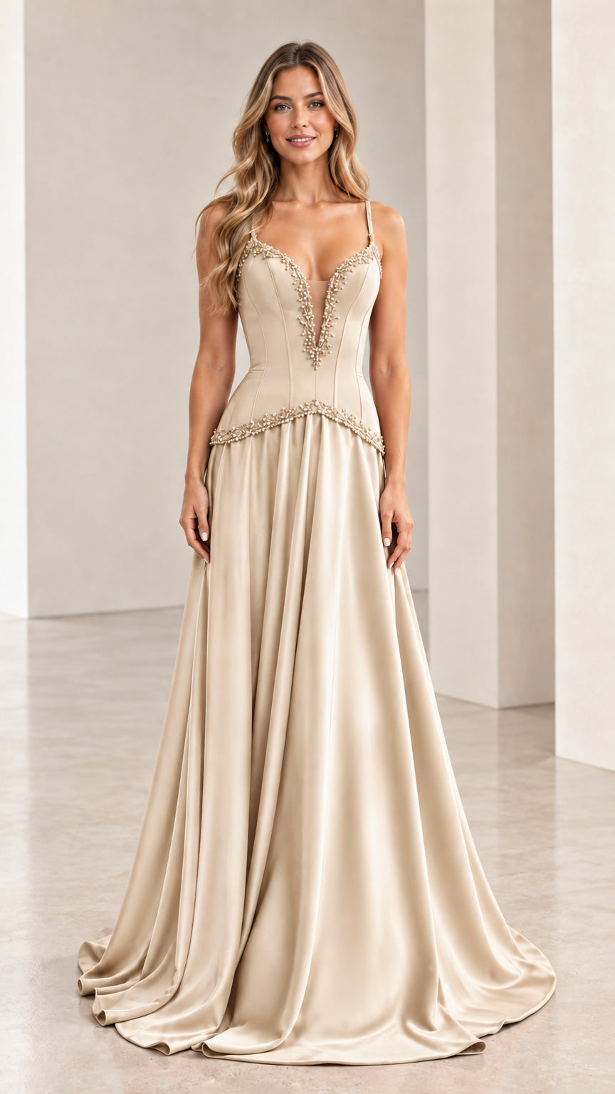 Front view of model wearing champagne beige beaded plunge neckline evening gown