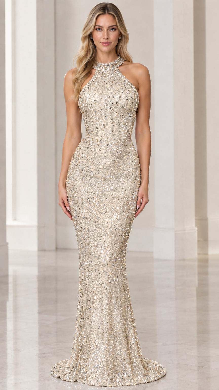 Front view of champagne gold sequin halter mermaid evening dress