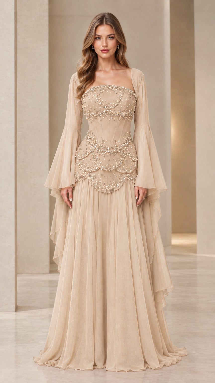 Champagne beige embellished formal maxi dress with bell sleeves and corset detail