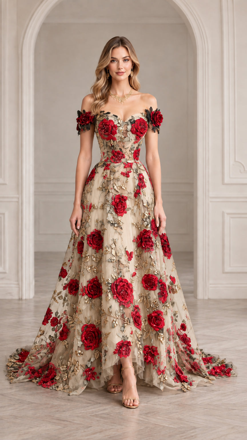 Champagne beige off-shoulder ball gown with dimensional red rose appliqués