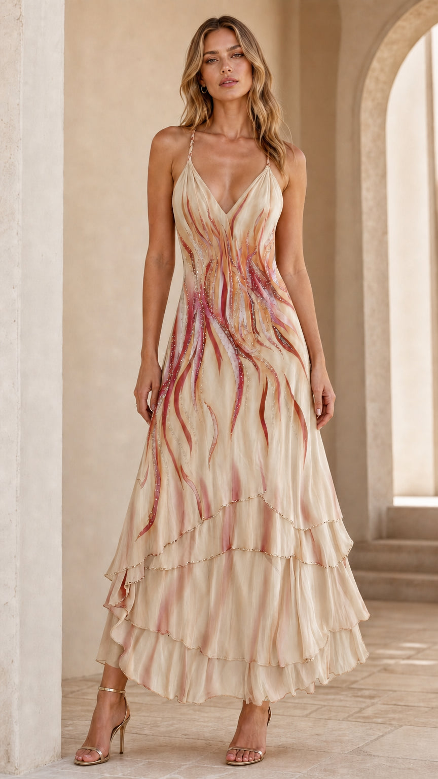 Woman wearing Champagne Beige abstract print tiered evening maxi dress