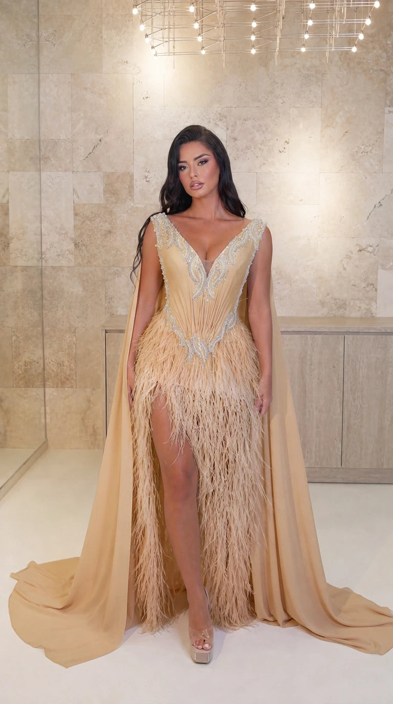 Model wearing Champagne gold embellished V-neck feather cape evening gown