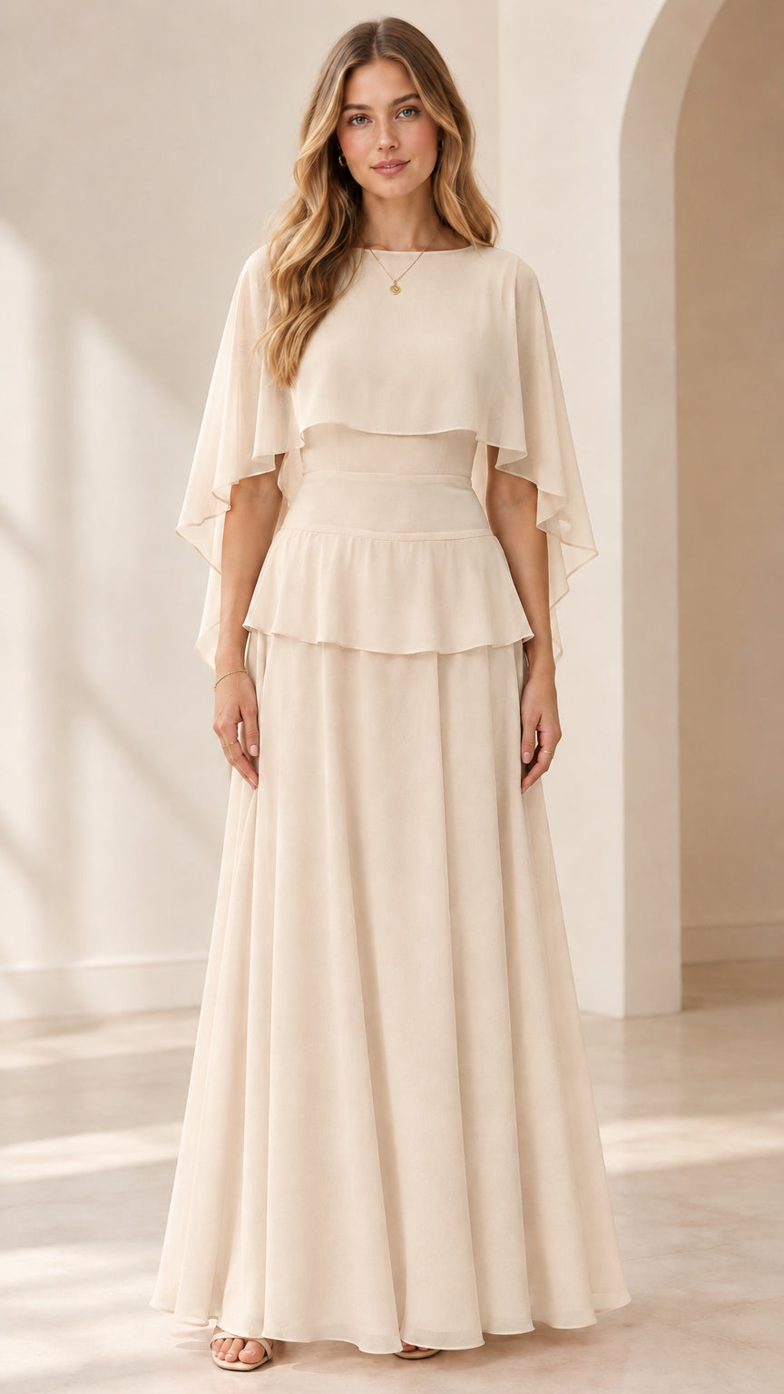 Full front view of cream champagne capelet tiered chiffon maxi evening dress
