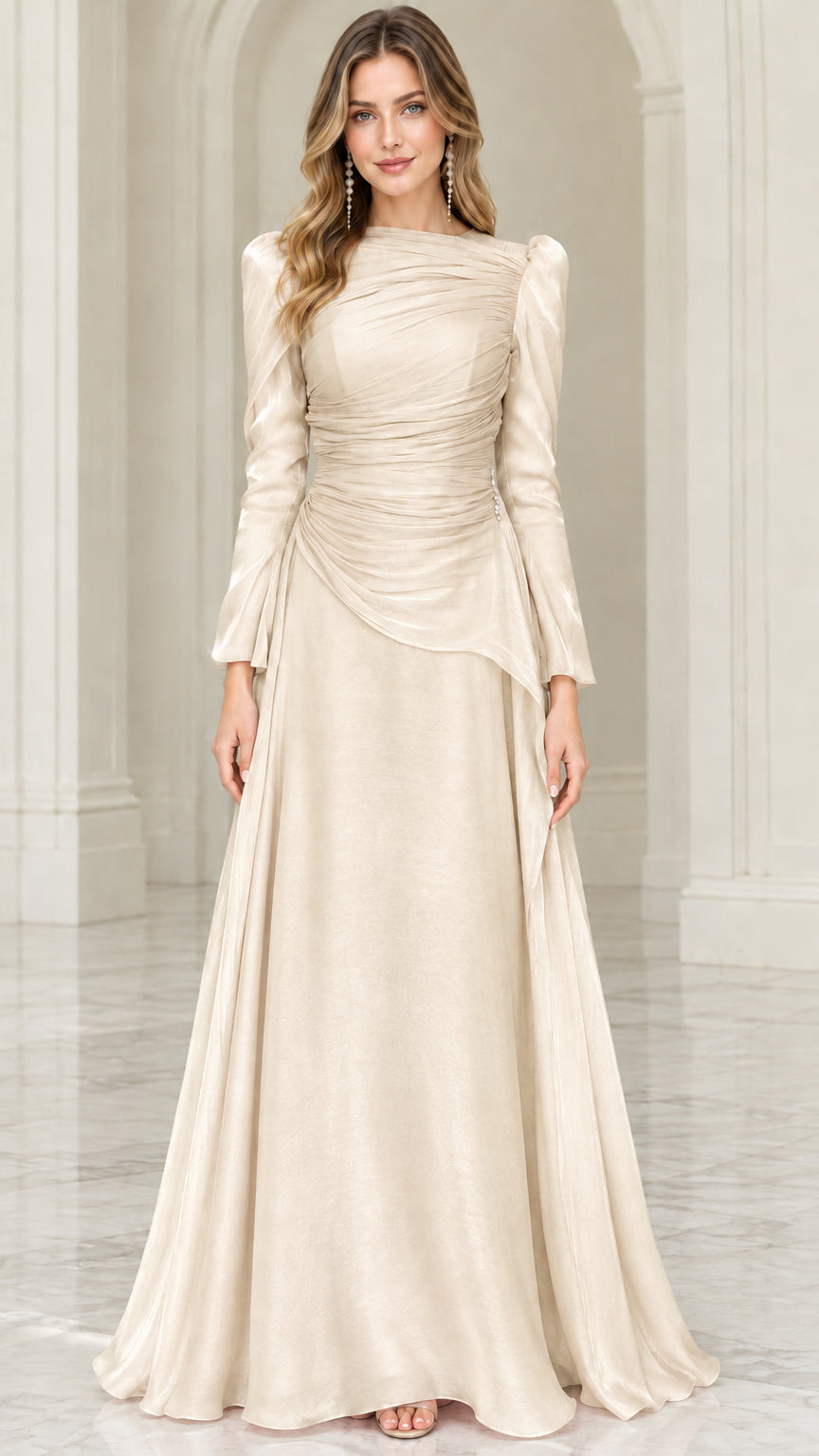 Front view of champagne cream long sleeve ruched evening gown