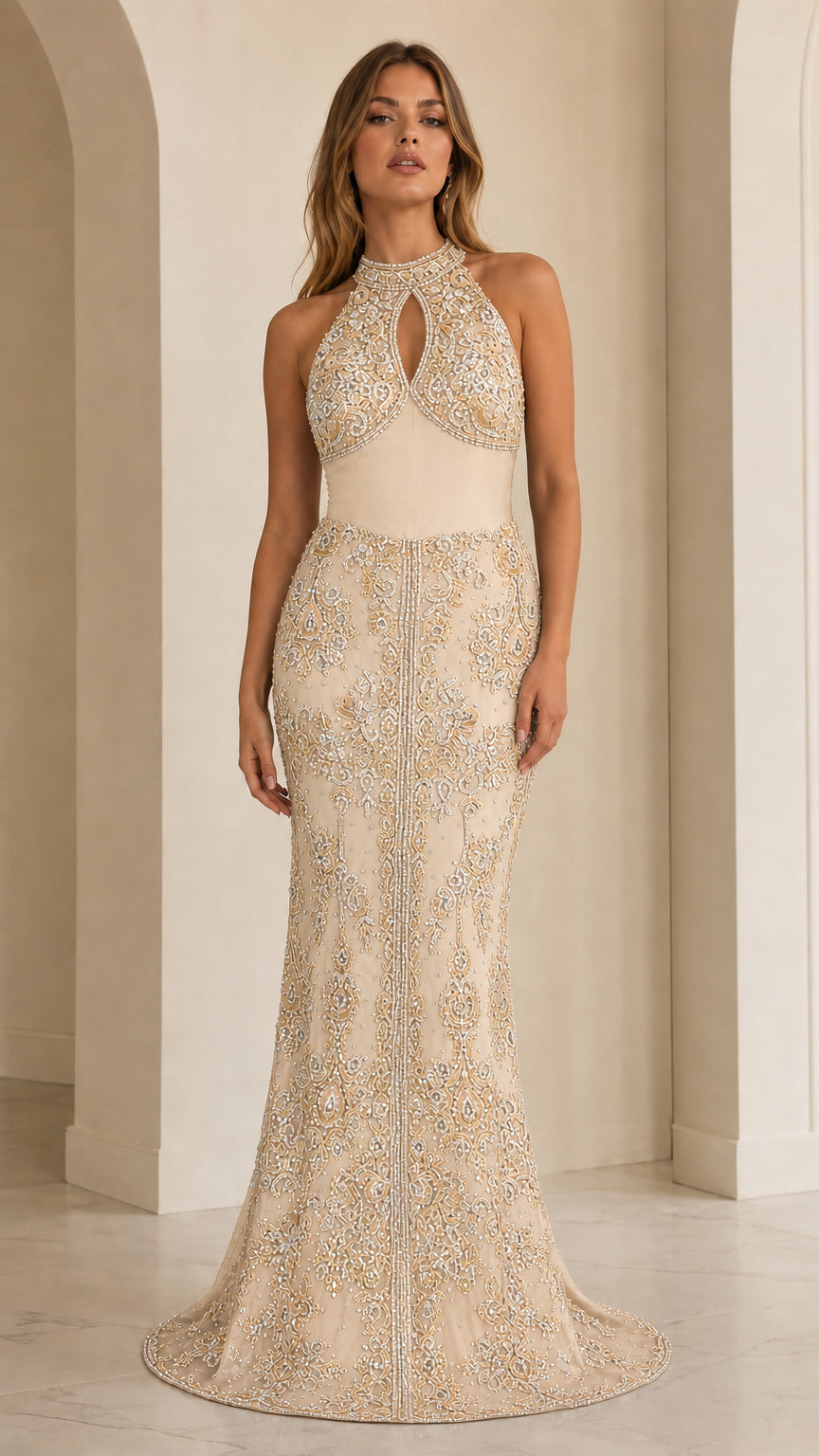 Front view of champagne gold embroidered halter evening dress