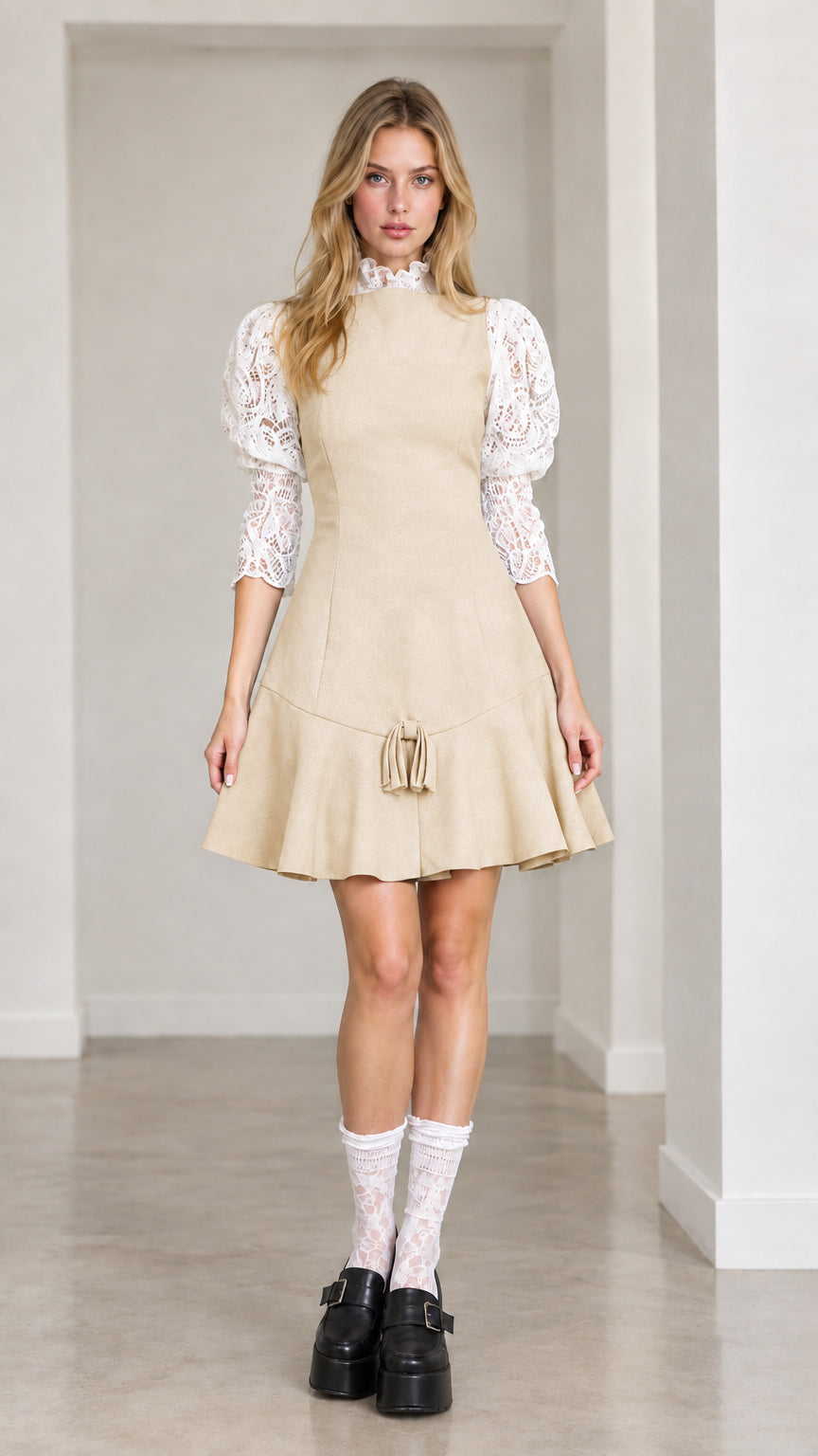 Front view of beige cream contrast lace sleeve mini dress