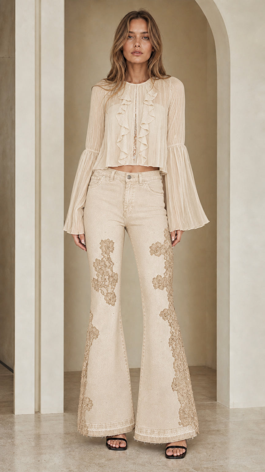 Cream off-white bell bottom jeans with tonal lace embroidery