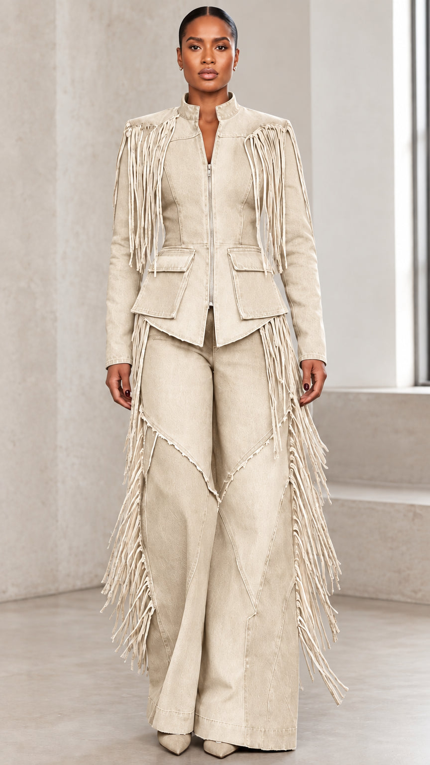Full front view of beige cream denim fringe jacket and wide-leg trousers set