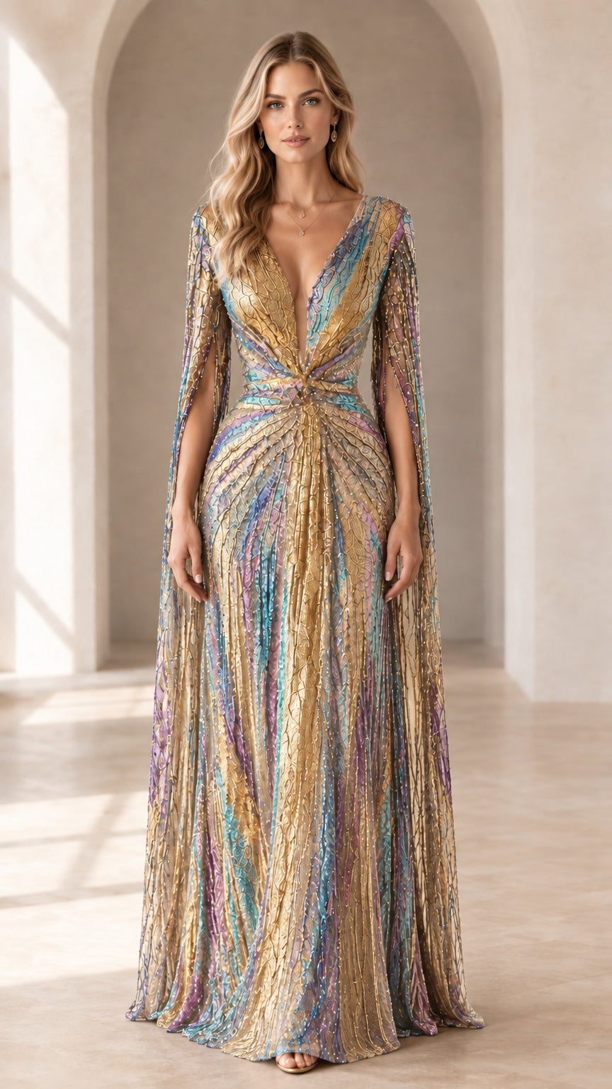 Gold Multi champagne and azure shimmer plissé evening gown with cape sleeves