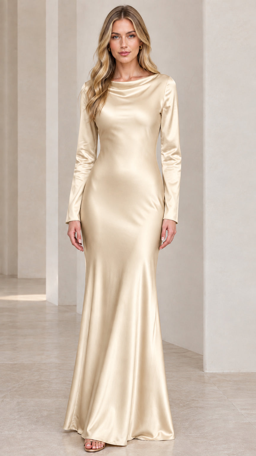 Front full-length view of model wearing champagne gold long sleeve satin maxi dress