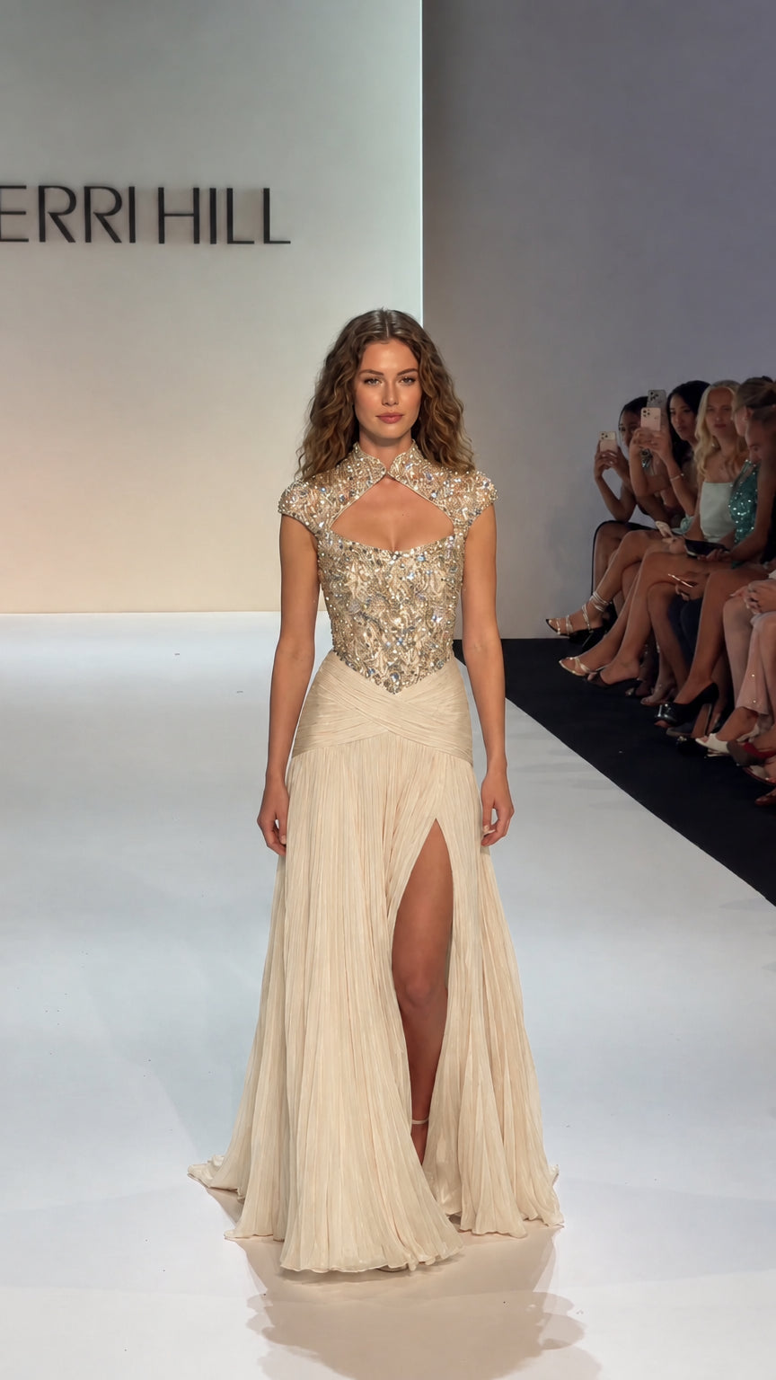 Champagne gold embellished evening gown with high collar and flowing pleated skirt