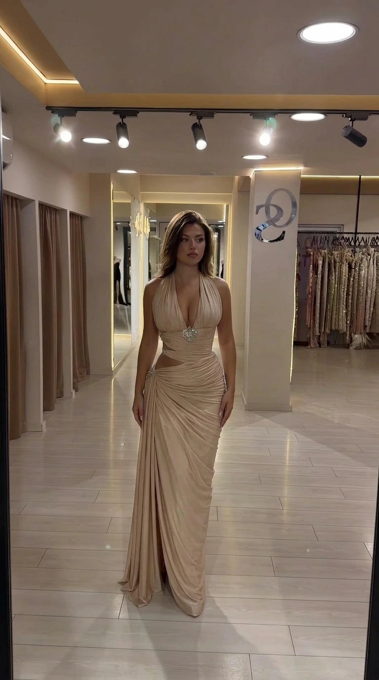 Champagne gold halter plunge ruched cutout maxi dress on model