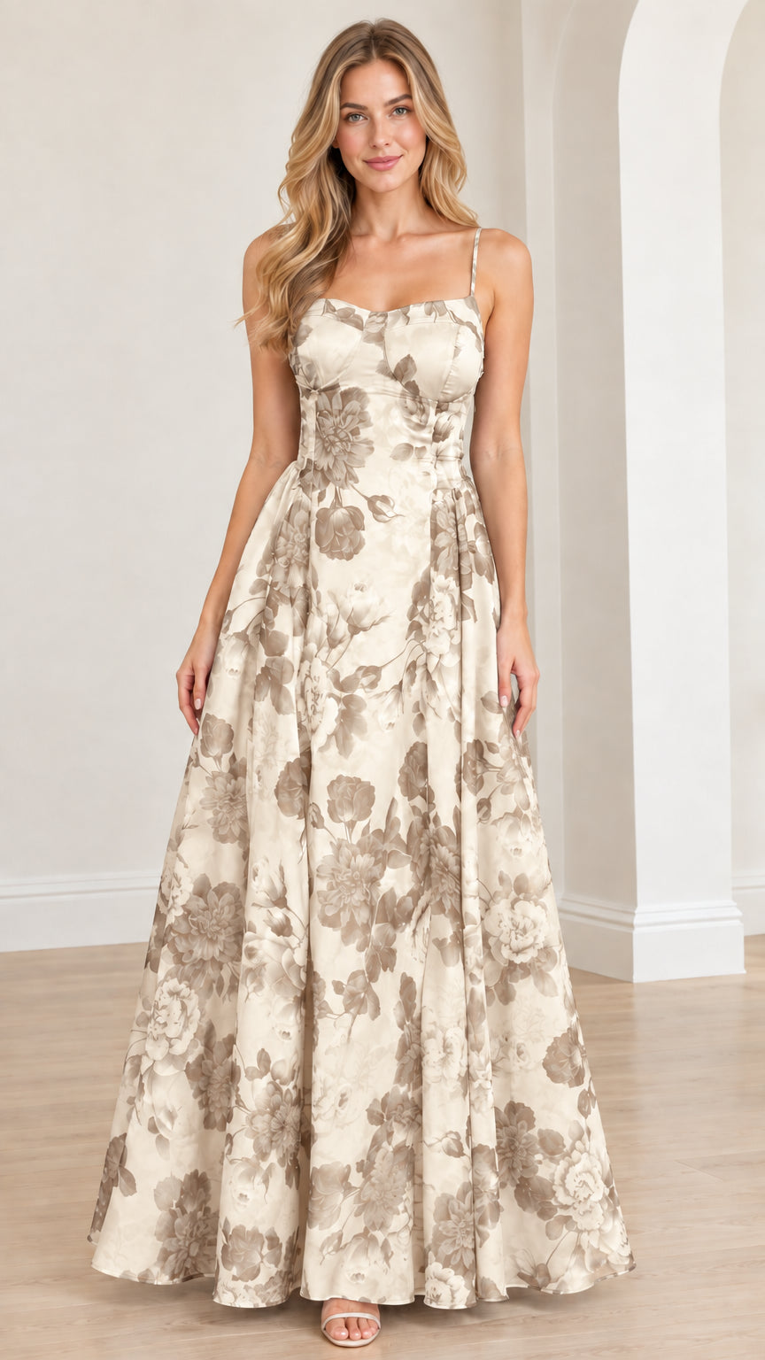 Front view of champagne beige floral print corset formal dress