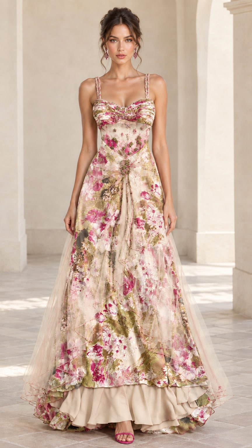 Front view of champagne beige floral sweetheart evening maxi dress