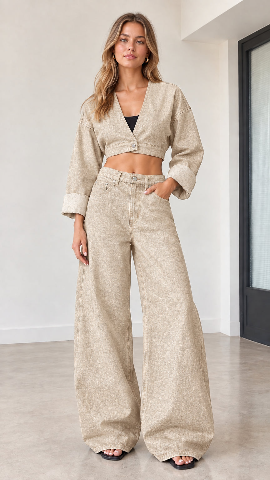 Model wearing neutral beige cropped denim jacket and coordinating wide-leg jeans