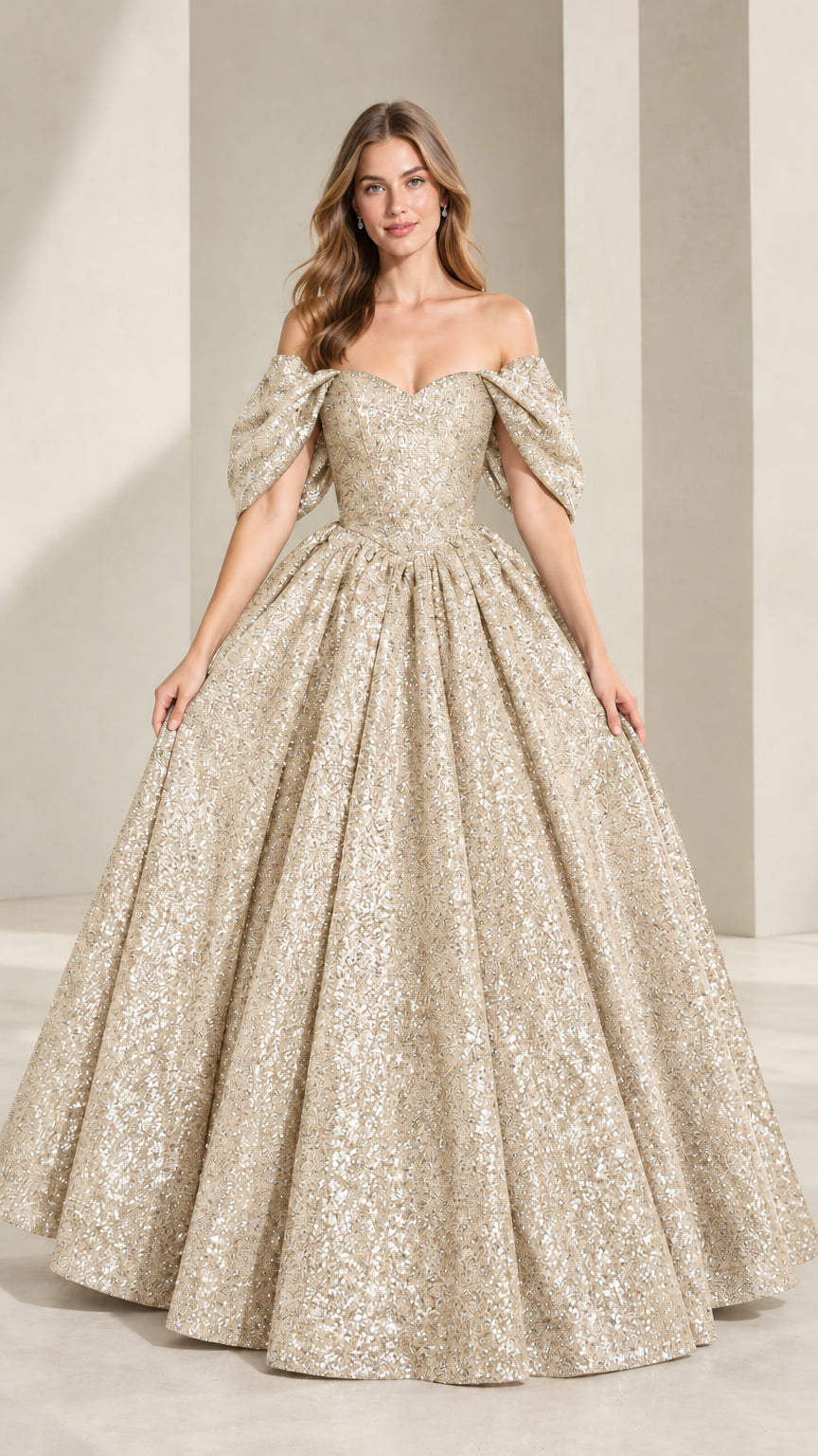 Model wearing champagne gold off-the-shoulder glitter sequin ball gown