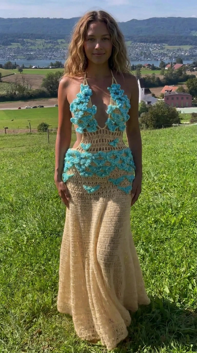 Warm beige crochet maxi dress with turquoise 3D appliques and halter neckline