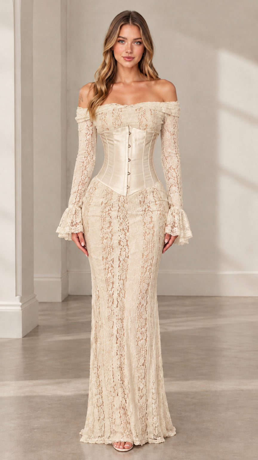 Woman wearing champagne off-the-shoulder floral lace corset maxi dress