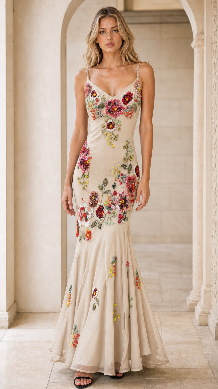 Champagne beige floral embroidered beaded mermaid evening gown front view