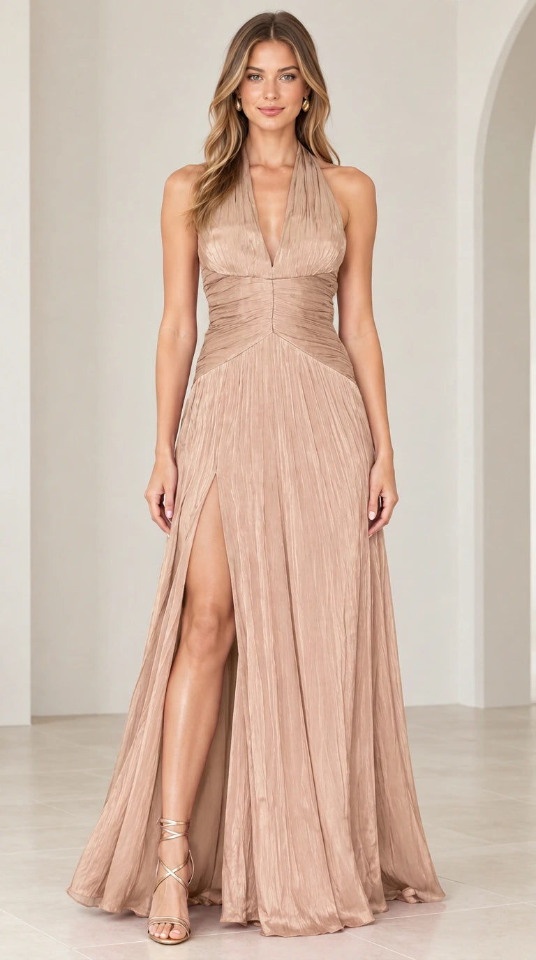 Full front view of the halter neck pleated maxi evening gown in shimmering champagne nude