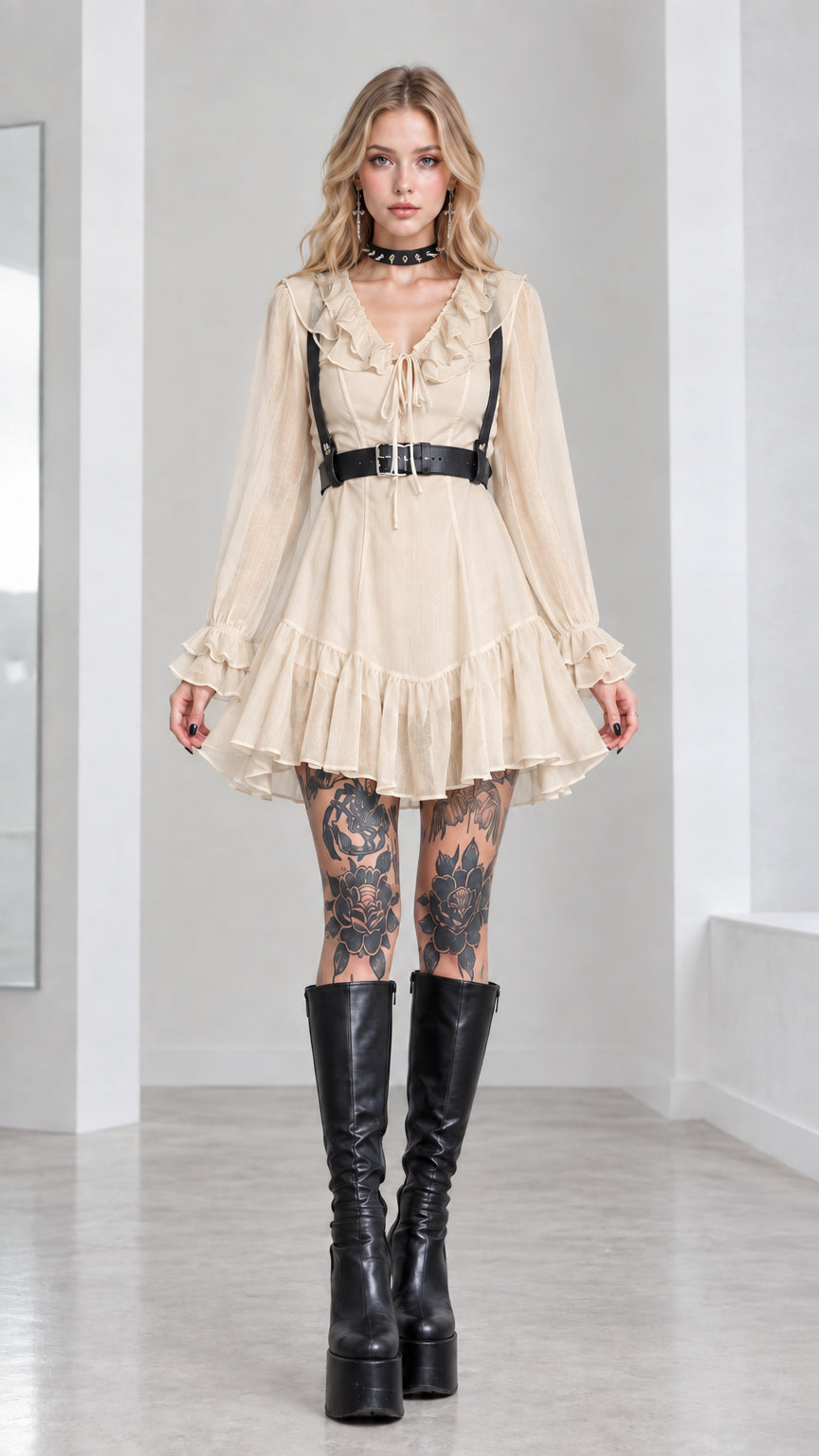 Full front view of beige cream ruffled long sleeve mini dress with black harness belt
