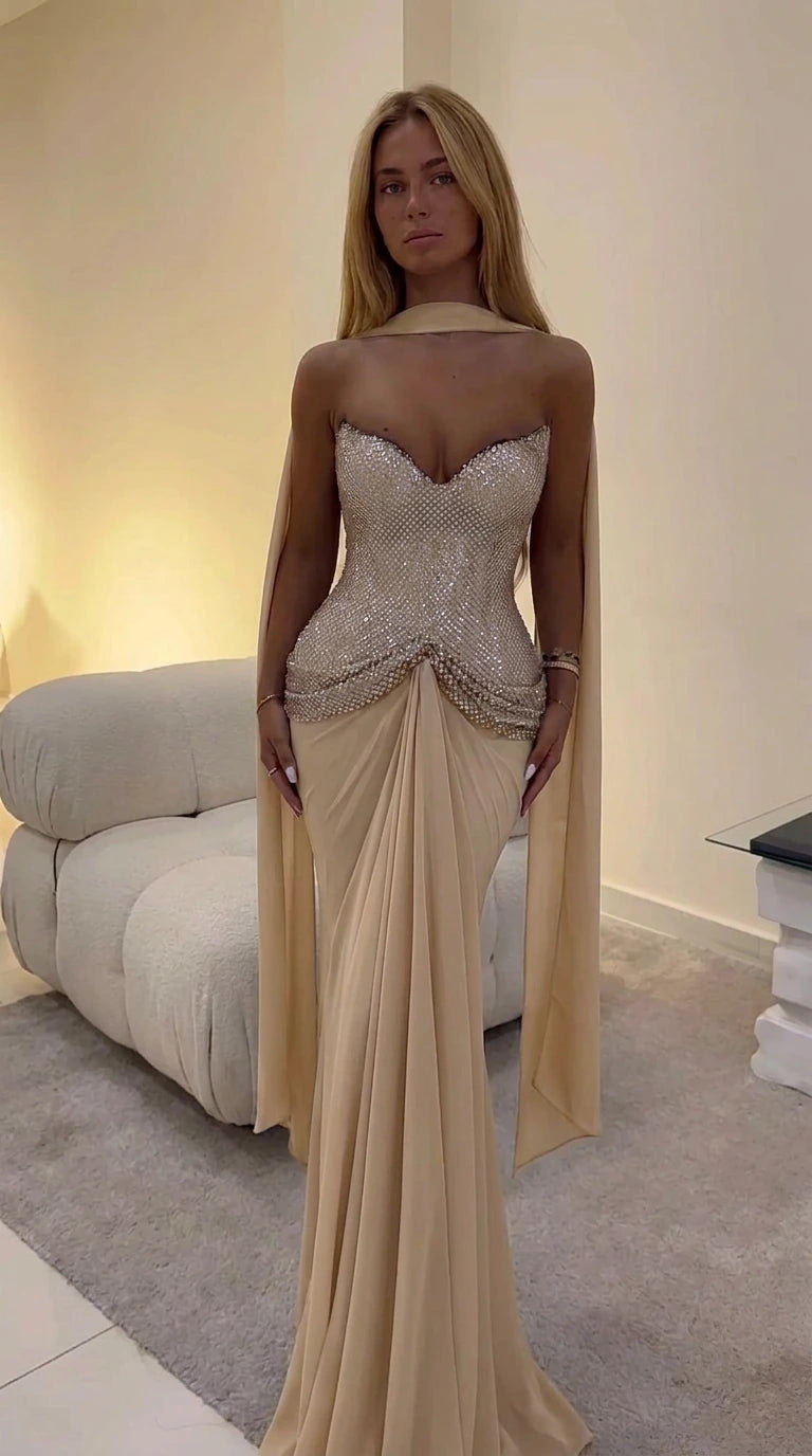 Champagne gold embellished corset floor-length evening dress