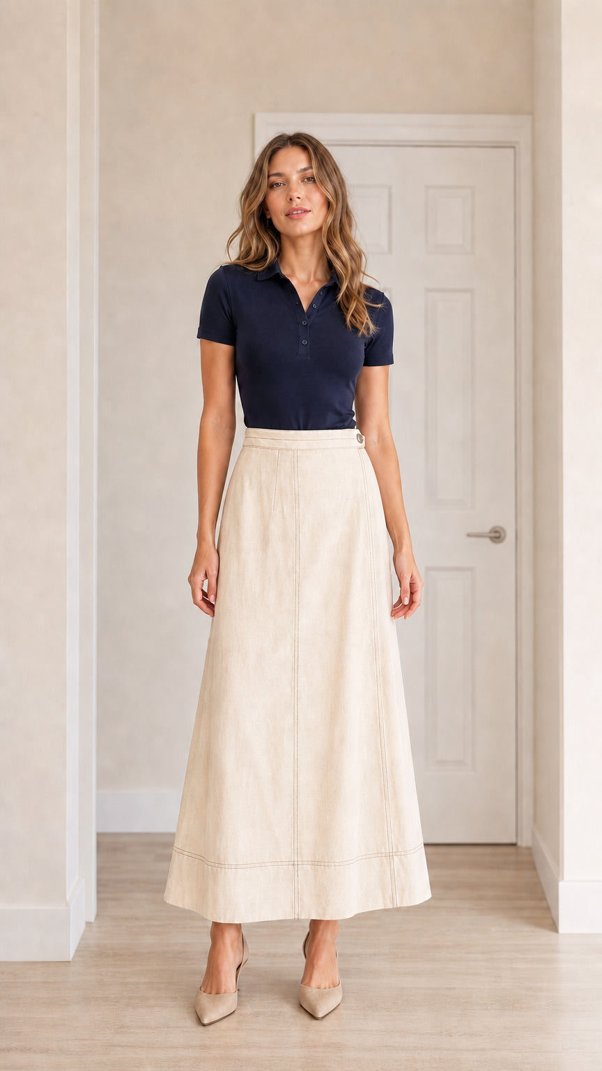 Front view of model wearing cream off-white high-waisted A-line maxi skirt