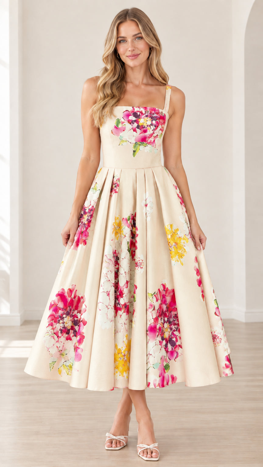 Model wearing cream floral square neck pleated midi dress