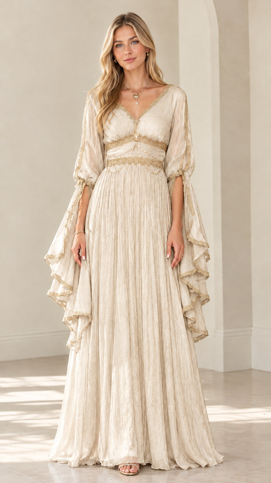 Front view of woman wearing Champagne ivory Renaissance maxi gown