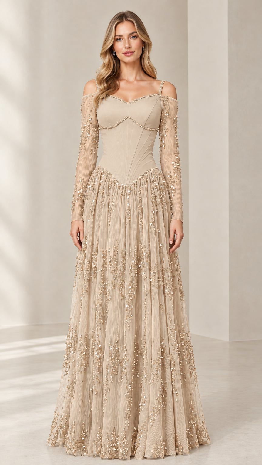 Champagne gold cold-shoulder sequin corset evening gown on model