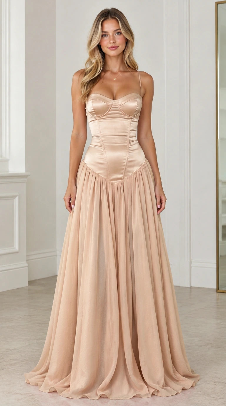 Front view of model wearing champagne gold corset sweetheart evening dress