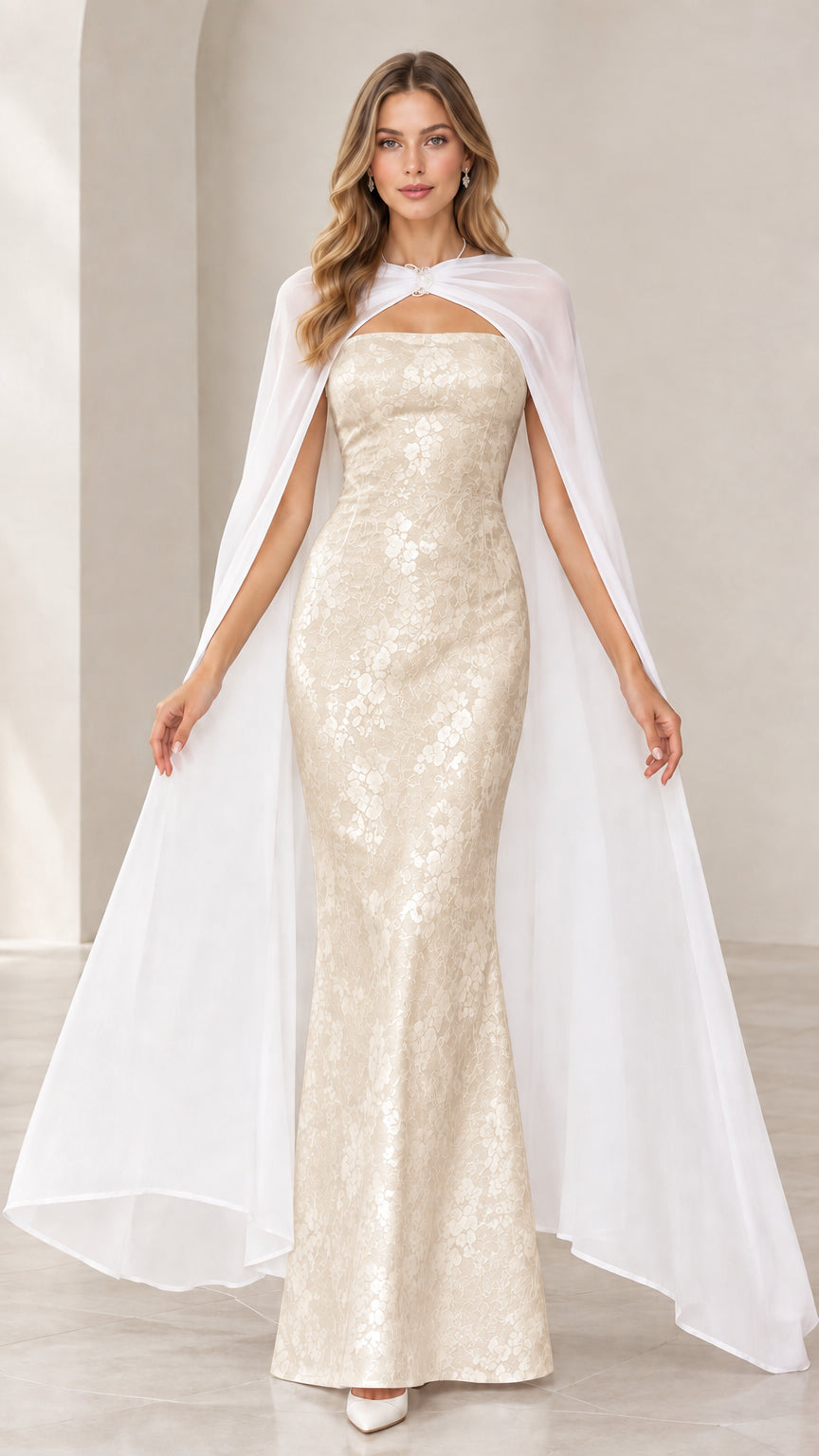 Model wearing champagne ivory lace strapless mermaid dress with sheer white cape