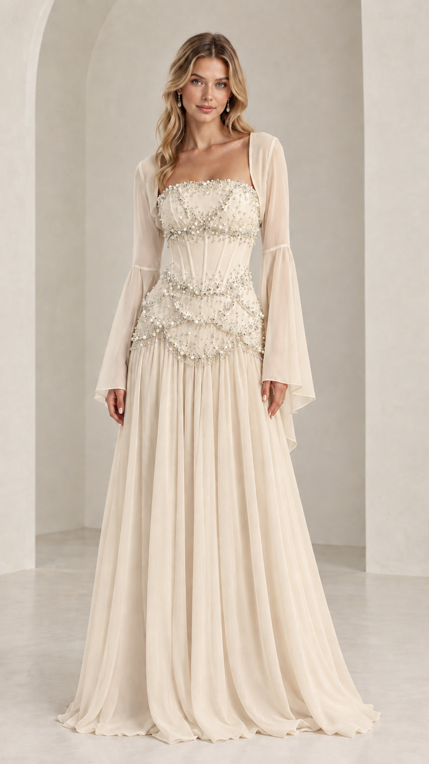 Champagne ivory beaded corset evening dress with matching sheer shrug